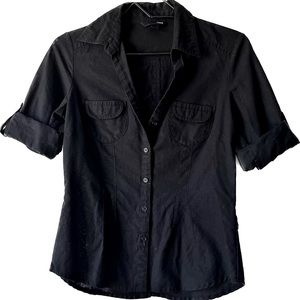 H&M Button-up Top | Black Roll-up Sleeve Shirt | Sz 4